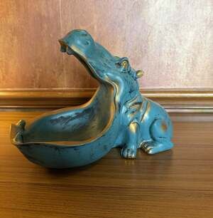 Big Mouth Hippopotamus Hippo Fruit Key Candy Dish Turquoise And Gold Resin